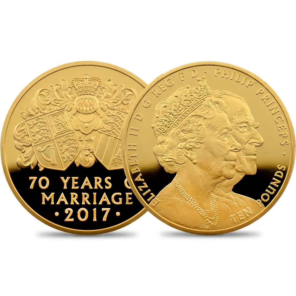 イギリス 2017 エリザベス2世 御成婚70周年記念 10ポンド 5オンス金貨 PCGS PR69DC