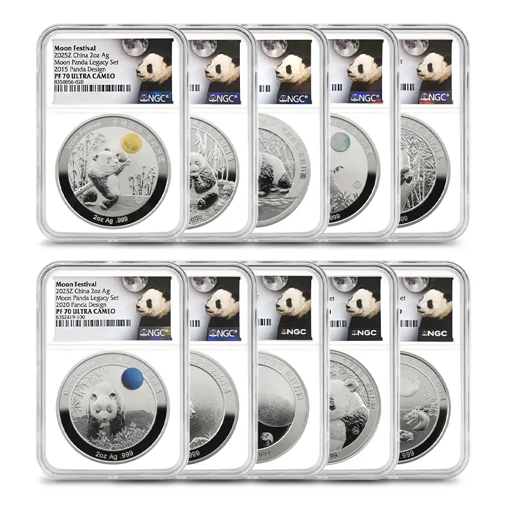 中国 2025発行 2015-2024デザイン パンダ 中秋節 2オンス銀メダル 10枚セット NGC PF70UC 箱付き