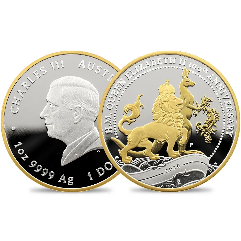 オーストラリア 2026 チャールズ3世 エリザベス2世生誕100周年記念 1ドル1オンス プルーフ銀貨 金メッキ付 未鑑定 箱付き