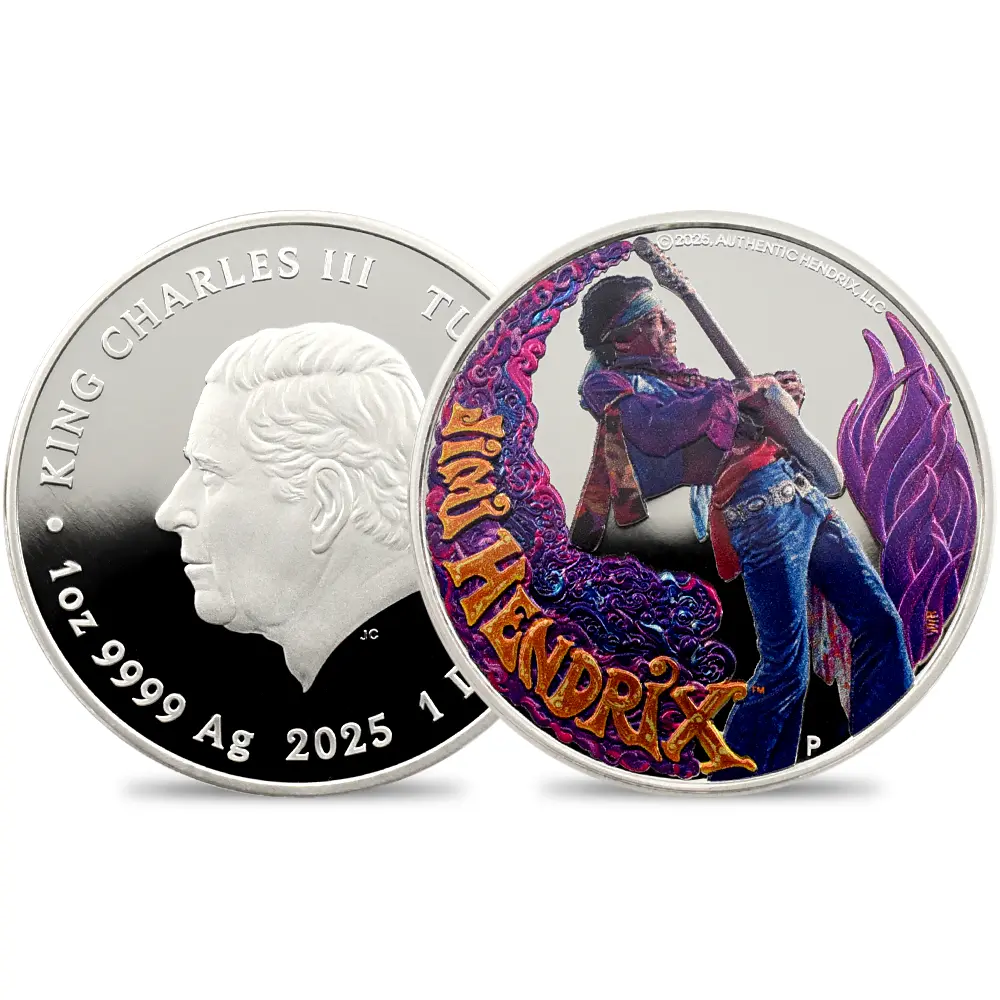 ツバル 2025 チャールズ3世 ジミ・ヘンドリックス 1ドル1オンスプルーフカラー銀貨 未鑑定 箱付き