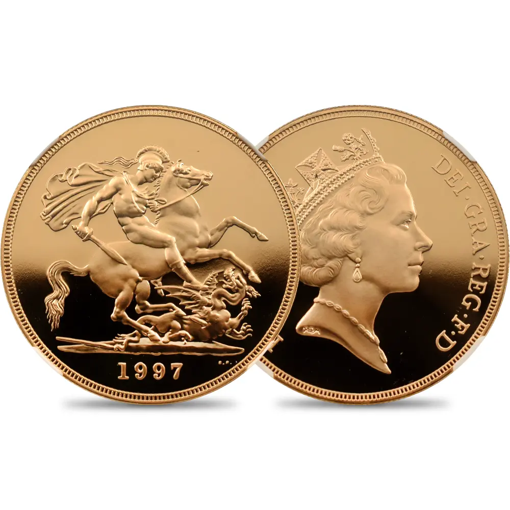 イギリス 1997 エリザベス2世 ミドルエリザベス 聖ジョージ竜退治 5ソブリン金貨 NGC PF69UC
