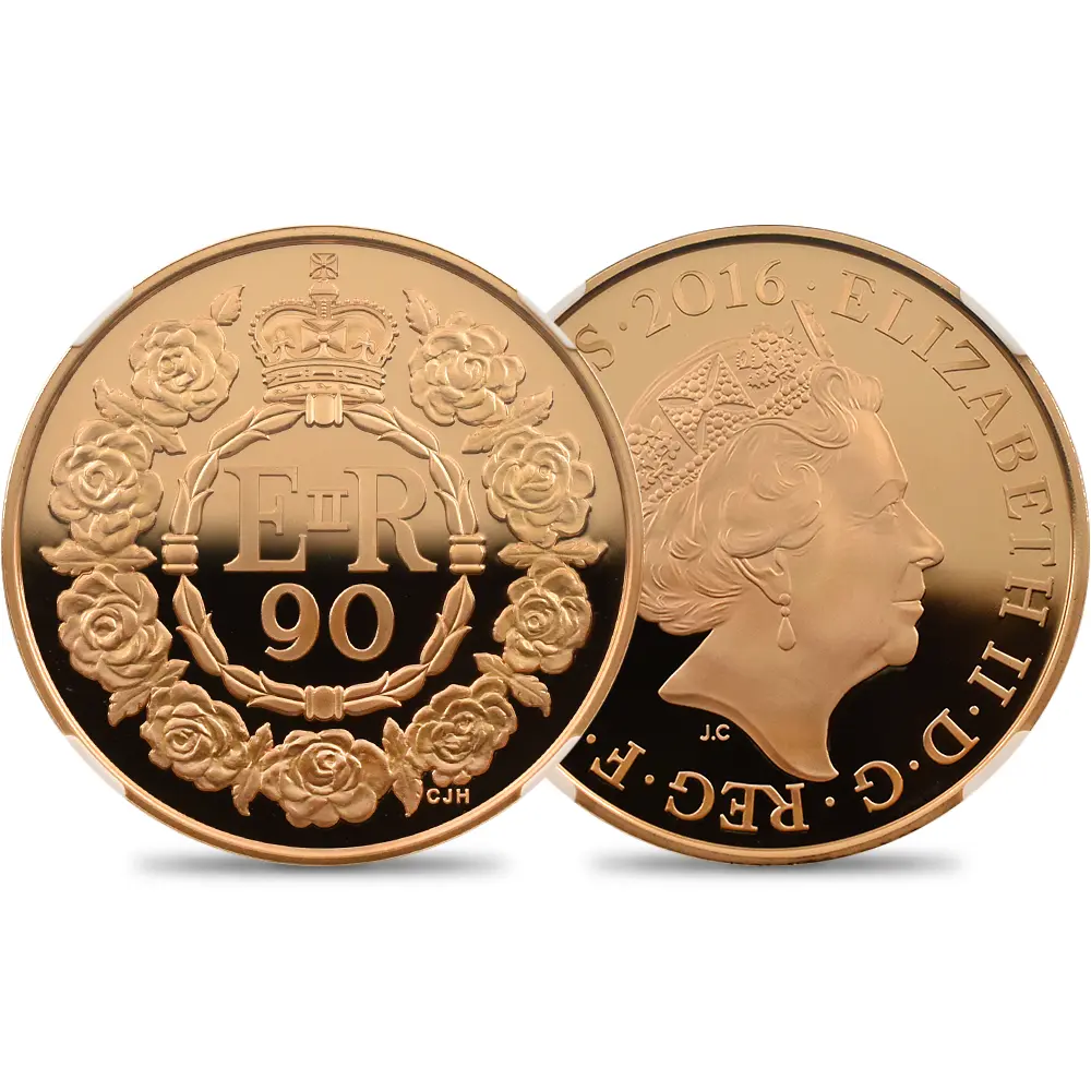 イギリス 2016 エリザベス2世 女王生誕90周年記念 5ポンド金貨 NGC PF69UC 箱付き