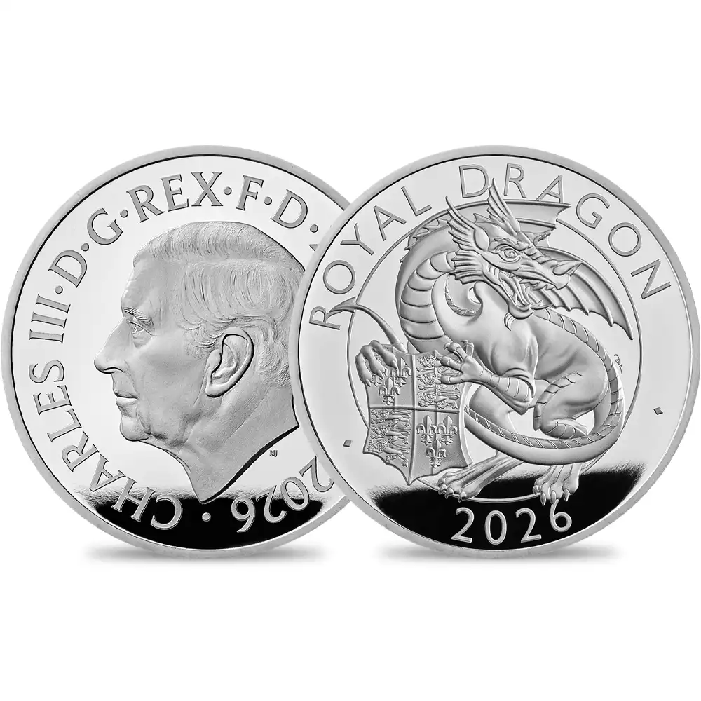 【鑑定オプション付き】イギリス 2026 チャールズ3世 ロイヤルテューダービースト ロイヤルドラゴン 2ポンド1オンスプルーフ銀貨 未鑑定 箱付き【ご予約承り品・納期約6か月】