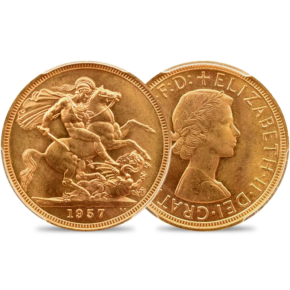 イギリス 1957 エリザベス2世 ヤングヤング 聖ジョージ竜退治 ソブリン金貨 PCGS MS66 S-4124