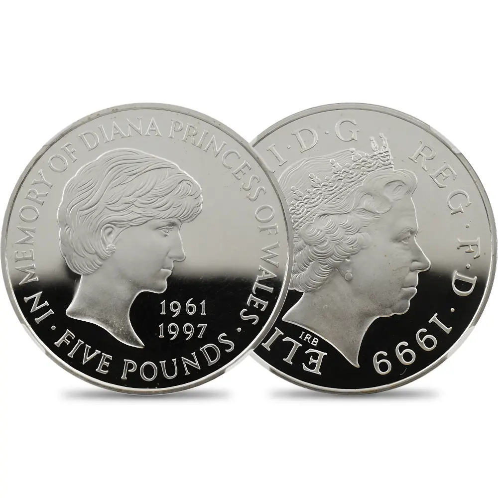 イギリス 1999 エリザベス2世 ダイアナ妃追悼記念 5ポンド銀貨 NGC PF69UC