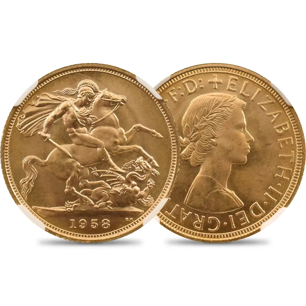イギリス 1958 エリザベス2世 ヤングヤング 聖ジョージ竜退治 ソブリン金貨 NGC MS65