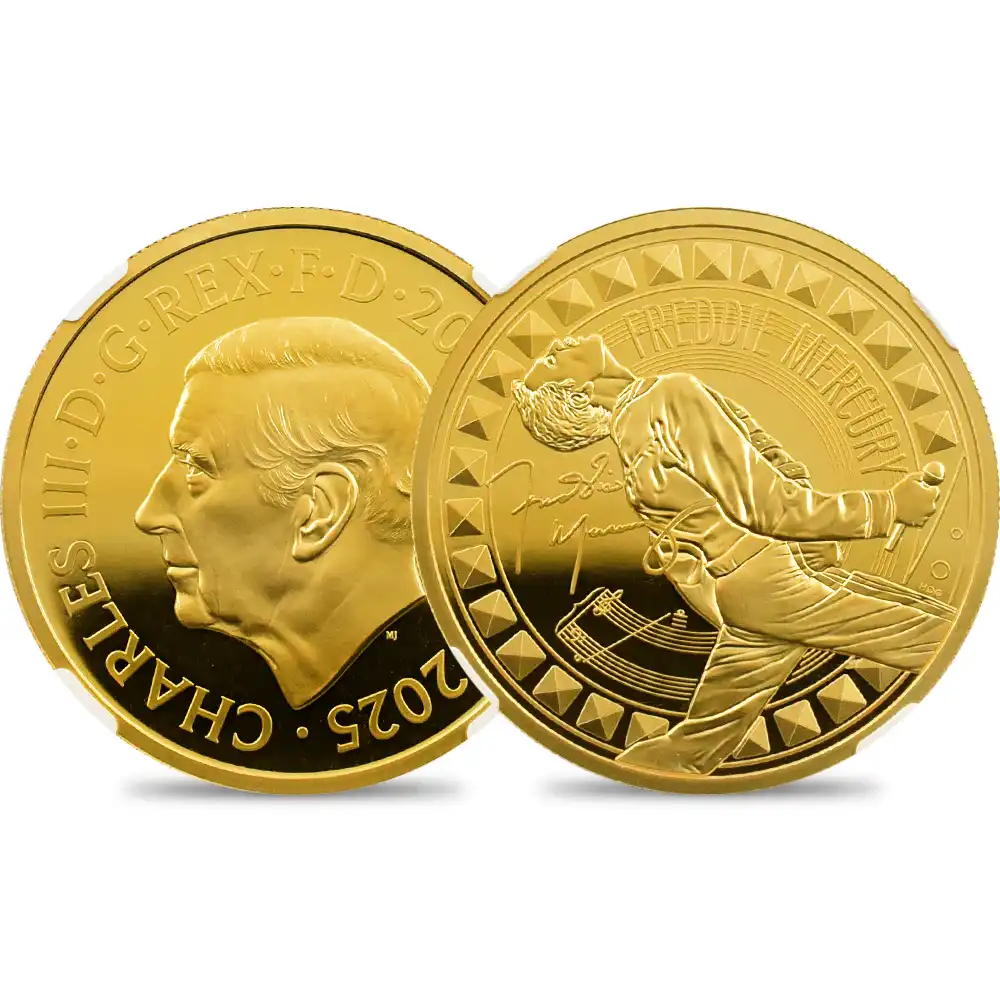 イギリス 2025 チャールズ3世 ミュージックレジェンド第12弾 フレディ・マーキュリー 200ポンド2オンス 金貨 NGC PF70UC 箱付き