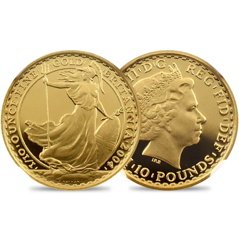 イギリス 2004 エリザベス2世 ブリタニア 10ポンド1/10オンス金貨 NGC PF70UC