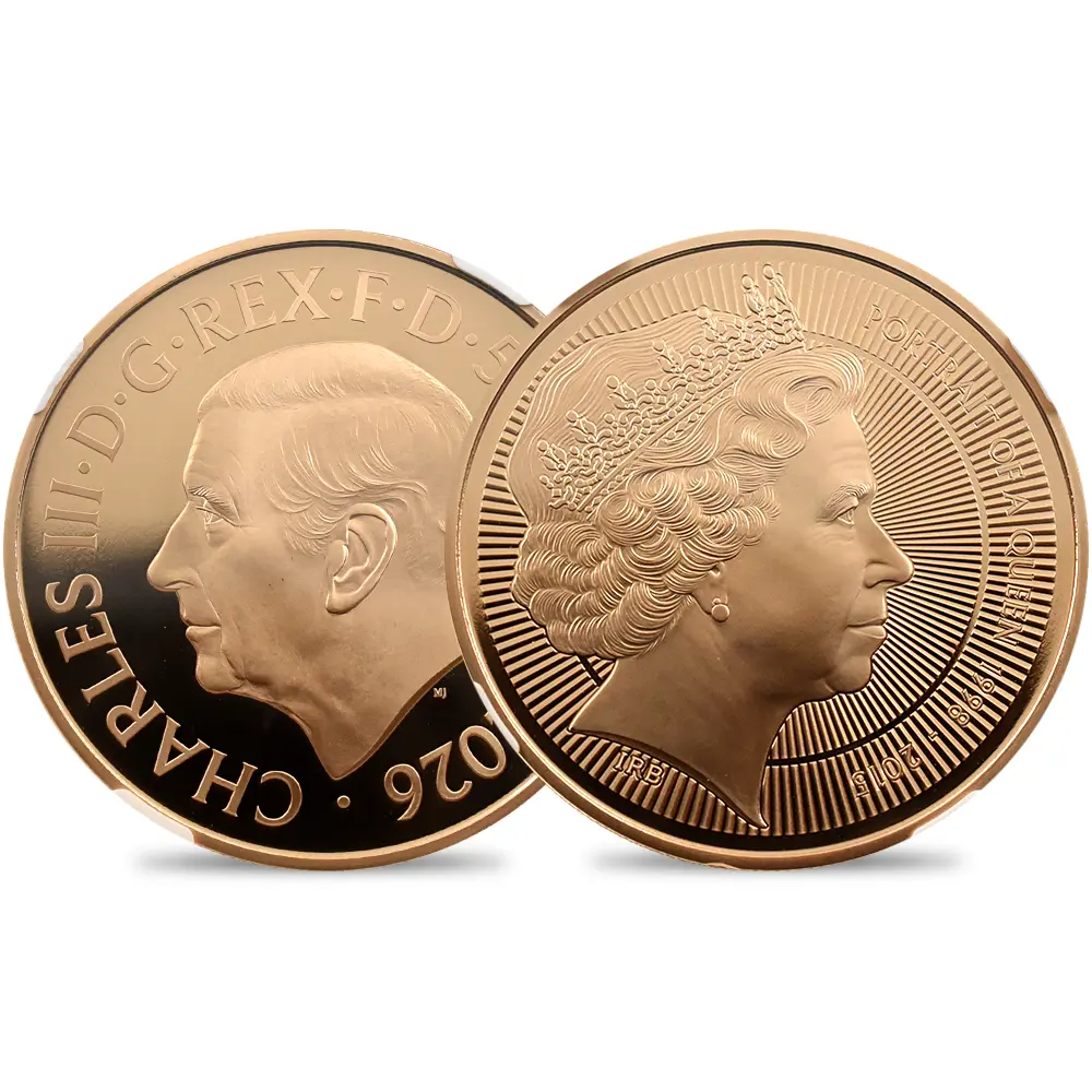 イギリス 2026 チャールズ3世 エリザベス2世のコイン肖像シリーズ 第四弾 5ポンド金貨 ファーストリリース NGC PF70UC 箱付き