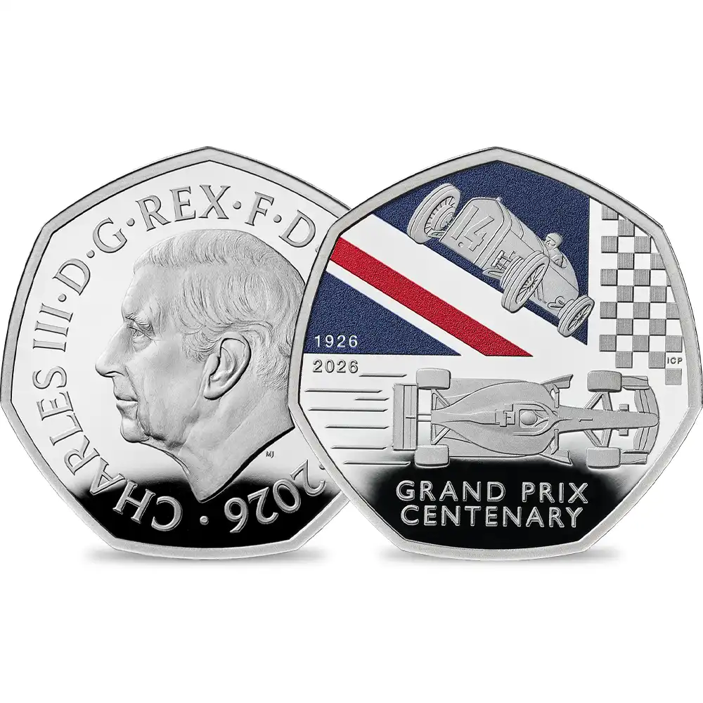 イギリス 2026 チャールズ3世 イギリスグランプリ100周年記念 50ペンスプルーフカラー銀貨 未鑑定 箱付き【ご予約承り品】
