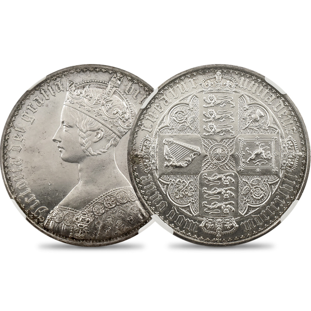 1847 ヴィクトリア女王 ゴチッククラウン銀貨 アンデシモエッジ NGC PF61
