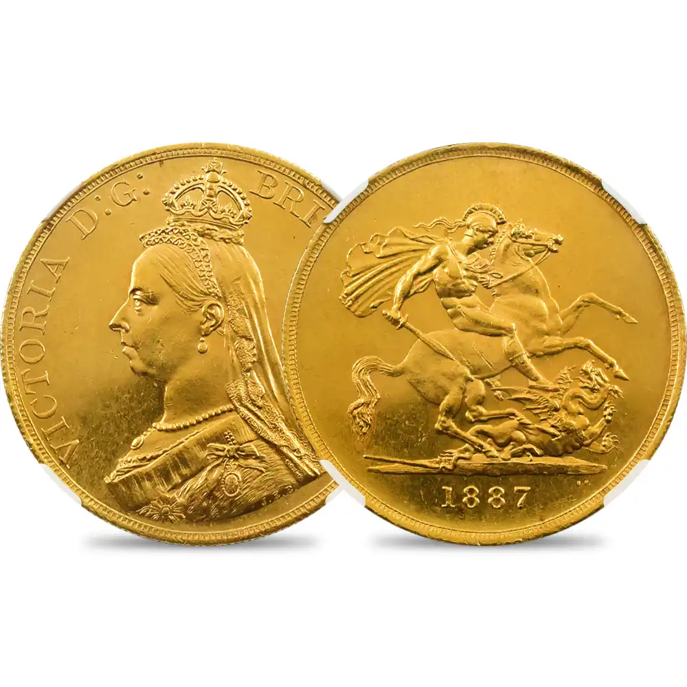 イギリス 1887 ヴィクトリア女王 ジュビリーヘッド 聖ジョージ竜退治 5ソブリン金貨 NGC MS63