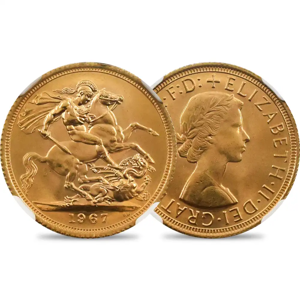 イギリス 1967 エリザベス2世 ヤングヤング 聖ジョージ竜退治 ソブリン金貨 NGC MS66