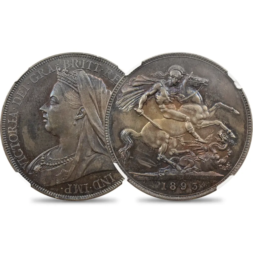 1893 ヴィクトリア女王 オールドヘッド 聖ジョージ竜退治 クラウン銀貨 NGC PF64