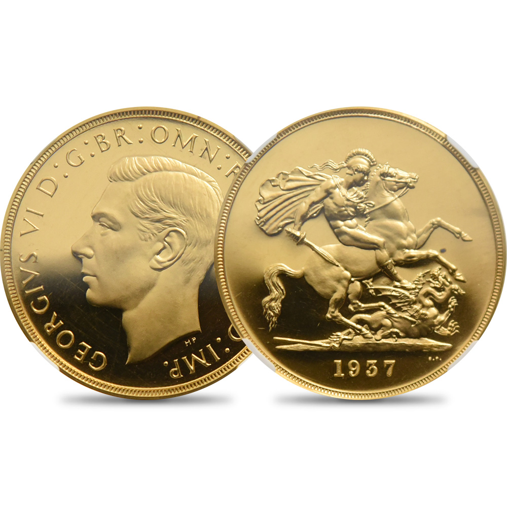 イギリス 1937 ジョージ6世 聖ジョージ竜退治 5ソブリン金貨 NGC PF64UC 箱付き