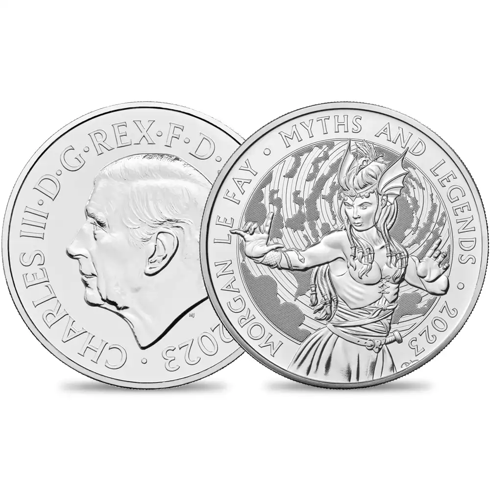 2023 チャールズ3世 神話と伝説シリーズ第3弾 モーガン・ル・フェイ 5ポンド BU白銅貨 未鑑定 パッケージ付き【ご予約承り品】
