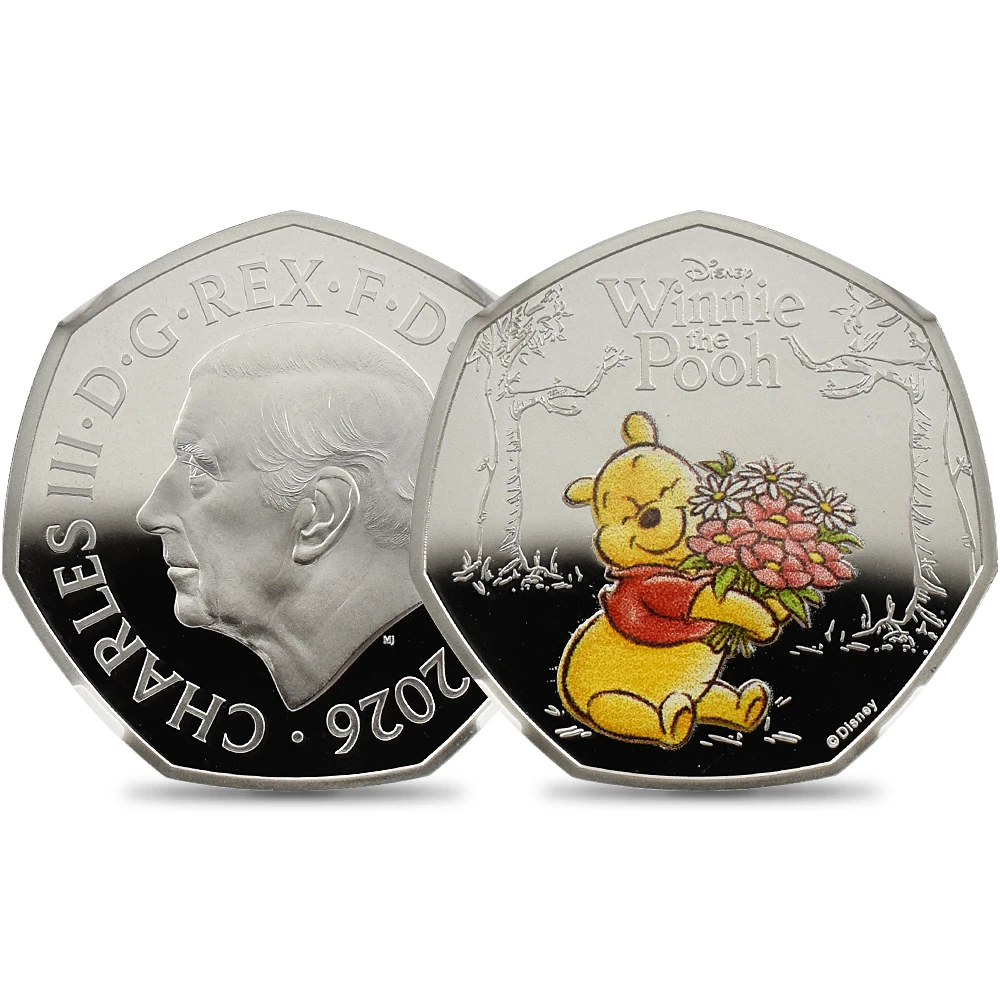 イギリス 2026 チャールズ3世 くまのプーさん100周年記念 第1弾 50ペンスカラー銀貨 ファーストリリース NGC PF70UC チャールズ3世ラベル 箱付き