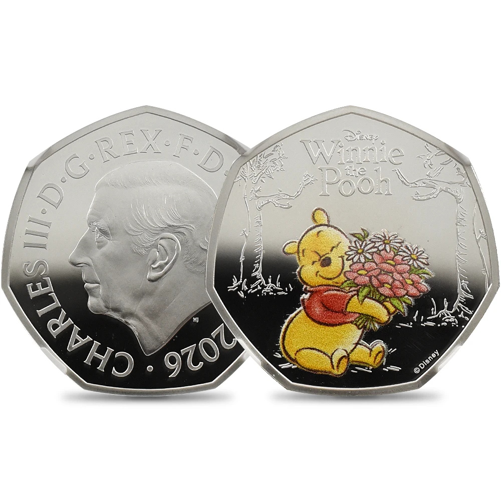 イギリス 2026 チャールズ3世 くまのプーさん100周年記念 第1弾 50ペンスカラー銀貨 ファーストリリース NGC PF69UC チャールズ3世ラベル 箱付き