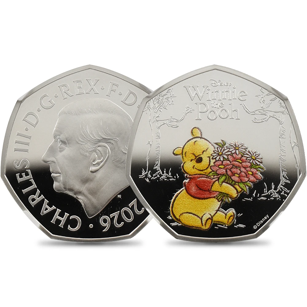イギリス 2026 チャールズ3世 くまのプーさん100周年記念 第1弾 50ペンスカラー銀貨 ファーストリリース NGC PF68UC チャールズ3世ラベル 箱付き