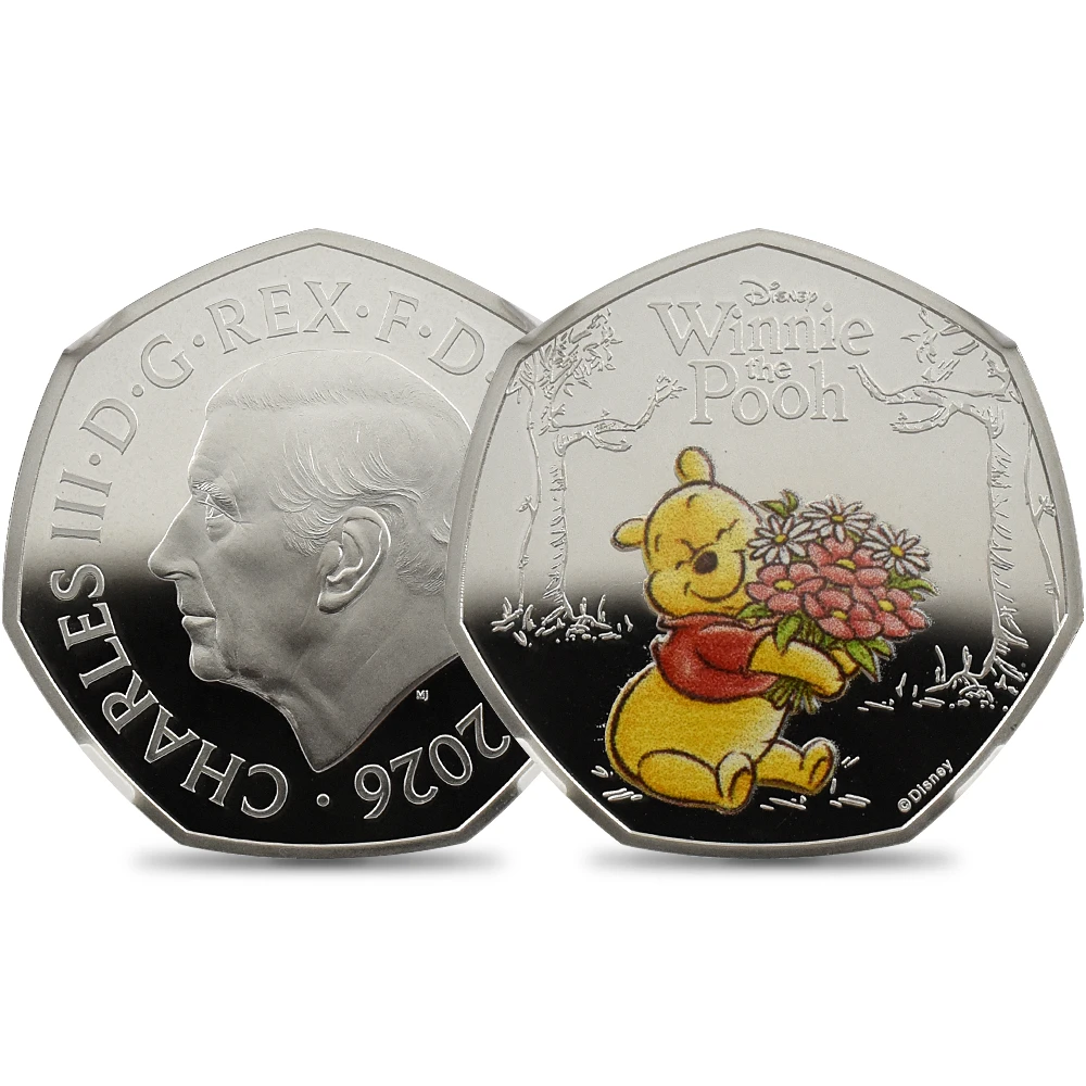 イギリス 2026 チャールズ3世 くまのプーさん100周年記念 第1弾 50ペンスカラー銀貨 ファーストリリース NGC PF66UC チャールズ3世ラベル 箱付き