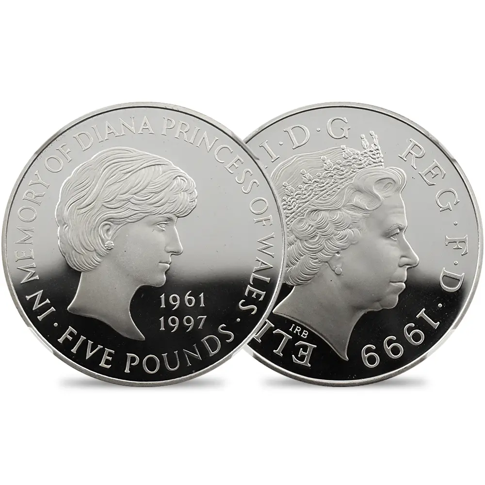イギリス 1999 エリザベス2世 ダイアナ妃追悼記念 5ポンド銀貨 NGC PF70UC 箱付き
