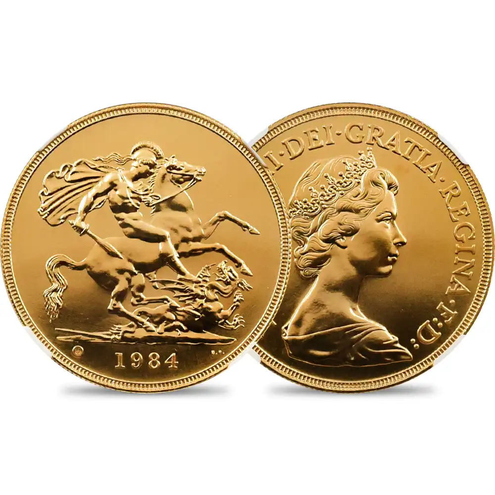 イギリス 1984 エリザベス2世 ヤングエリザベス 聖ジョージ竜退治 5ソブリン金貨 NGC MS69PL