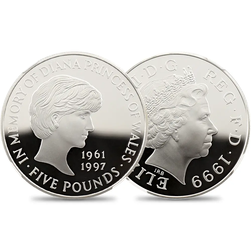 イギリス 1999 エリザベス2世 ダイアナ妃追悼記念 5ポンド銀貨 NGC PF69CA 箱付き（外箱無し）