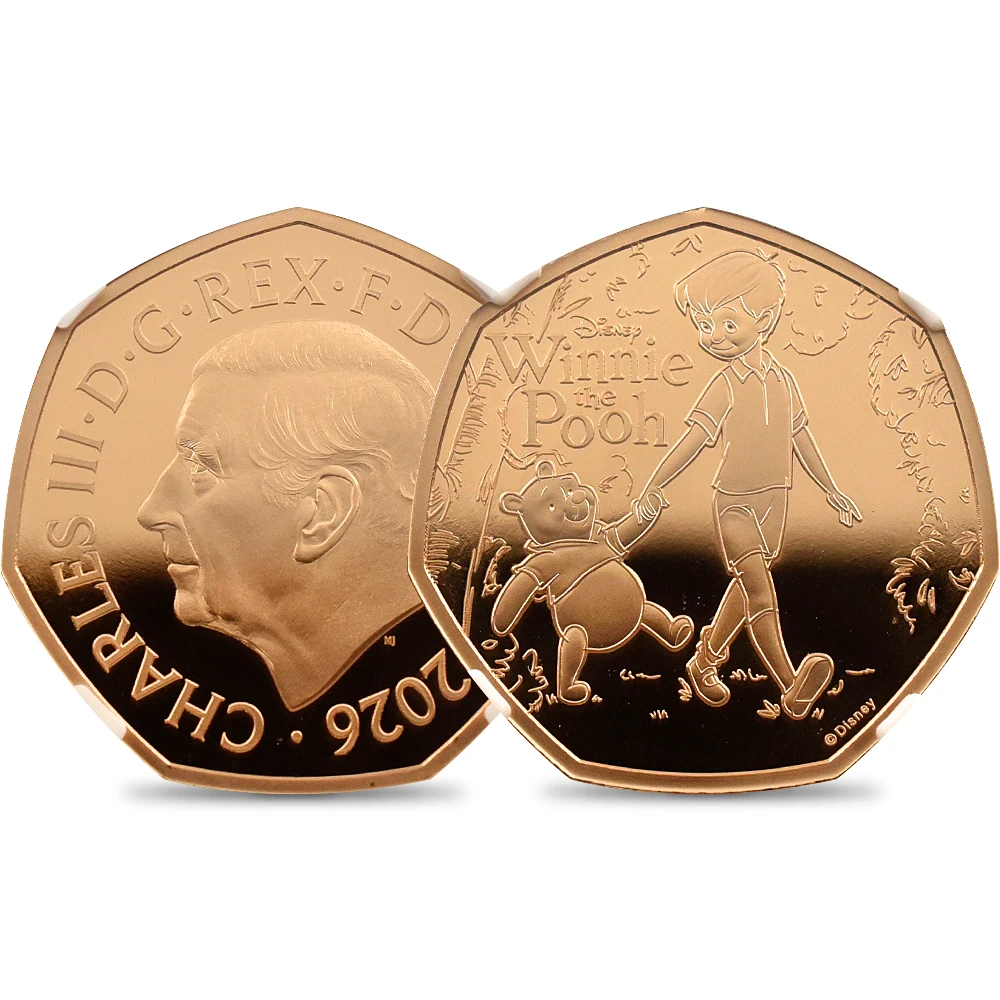 イギリス 2026 チャールズ3世 くまのプーさん100周年記念 第2弾 50ペンス金貨 ファーストリリース NGC PF70UC チャールズ3世ラベル 箱付き