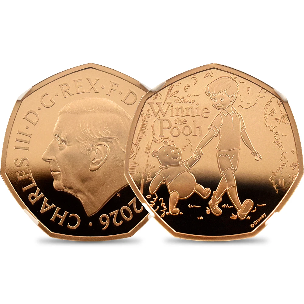 イギリス 2026 チャールズ3世 くまのプーさん100周年記念 第2弾 50ペンス金貨 ファーストリリース NGC PF69UC チャールズ3世ラベル 箱付き
