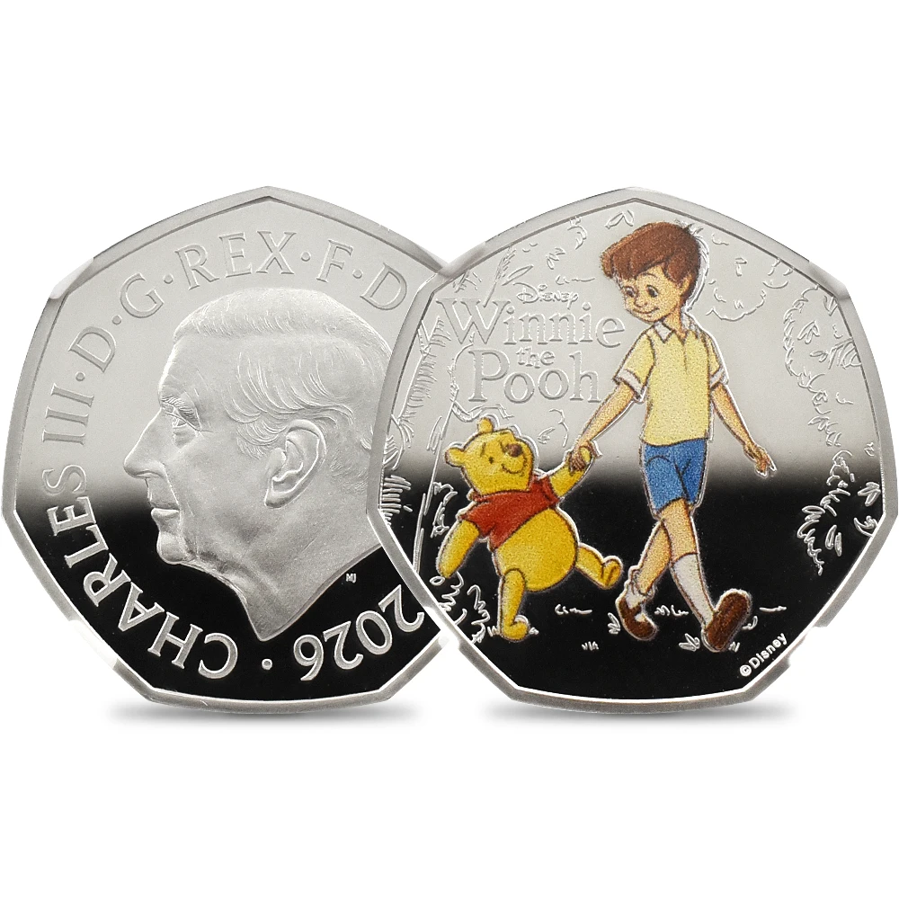 イギリス 2026 チャールズ3世 くまのプーさん100周年記念 第2弾 50ペンスプルーフカラー銀貨 ファーストリリース NGC PF70UC チャールズ3世ラベル 箱付き