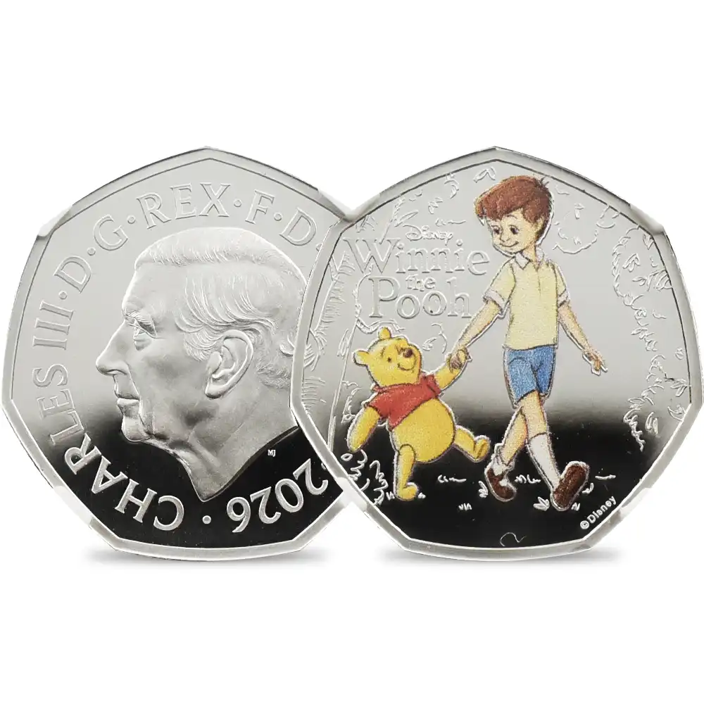 イギリス 2026 チャールズ3世 くまのプーさん100周年記念 第2弾 50ペンスプルーフカラー銀貨 ファーストリリース MINT ERROR NGC PF69UC チャールズ3世ラベル 箱付き