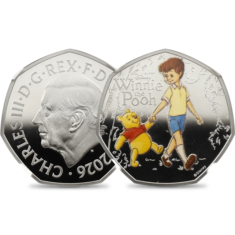 イギリス 2026 チャールズ3世 くまのプーさん100周年記念 第2弾 50ペンスプルーフカラー銀貨 ファーストリリース NGC PF69UC チャールズ3世ラベル 箱付き