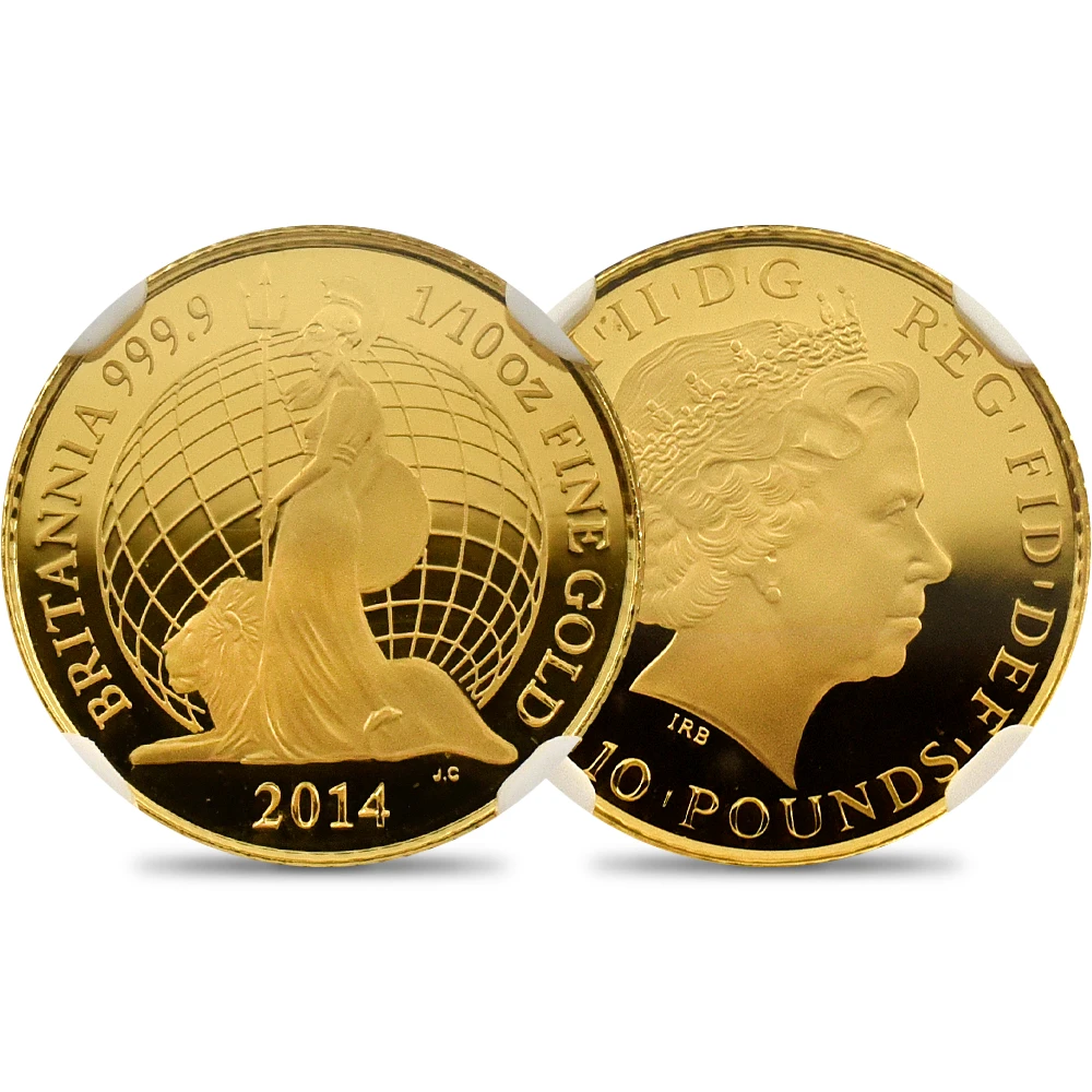 イギリス 2014 エリザベス2世 ブリタニア 10ポンド1/10オンス金貨 NGC PF70UC