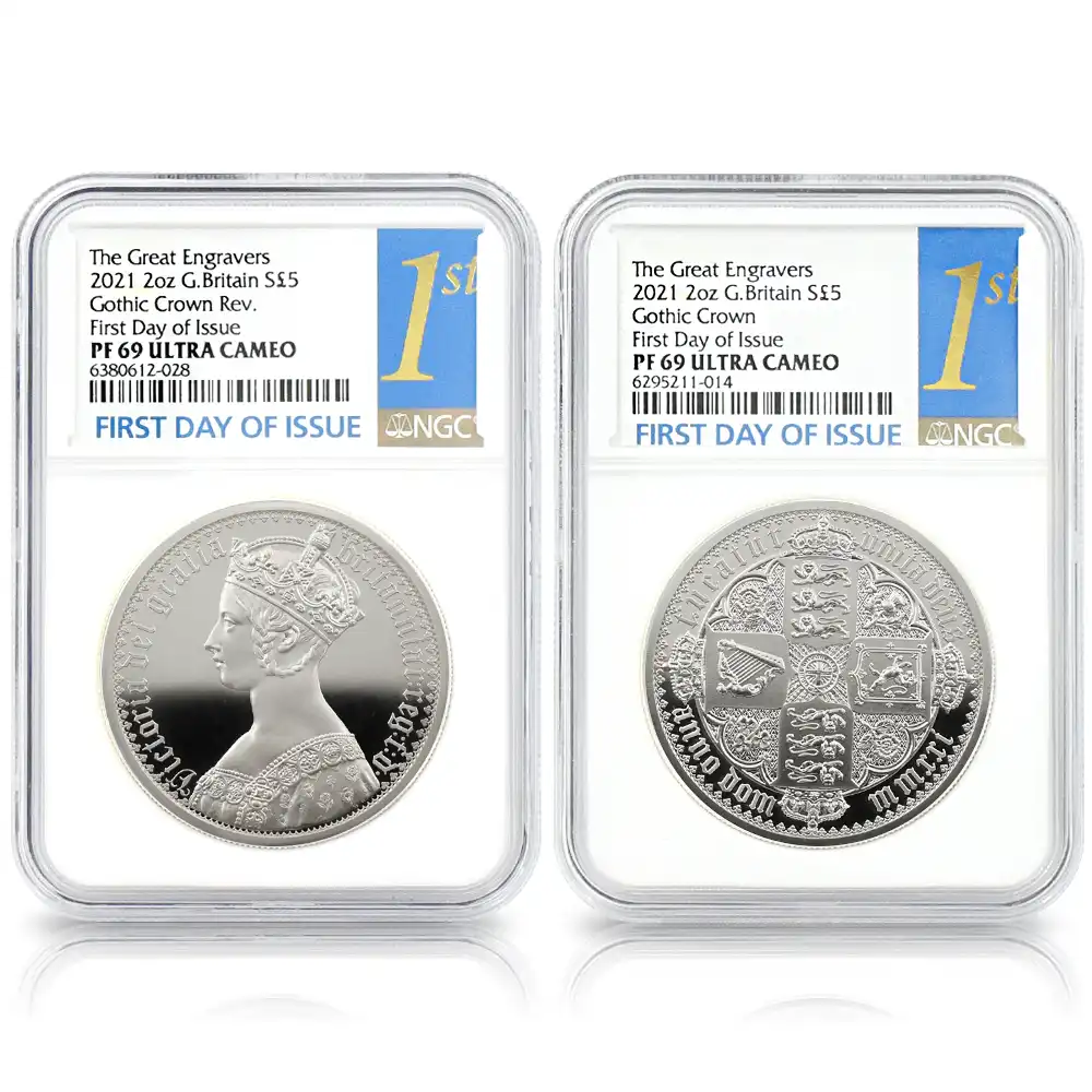 イギリス 2021 エリザベス2世 ゴチッククラウン 5ポンド2オンス銀貨 2枚セット 発行即日鑑定品 NGC PF69UC 箱付き