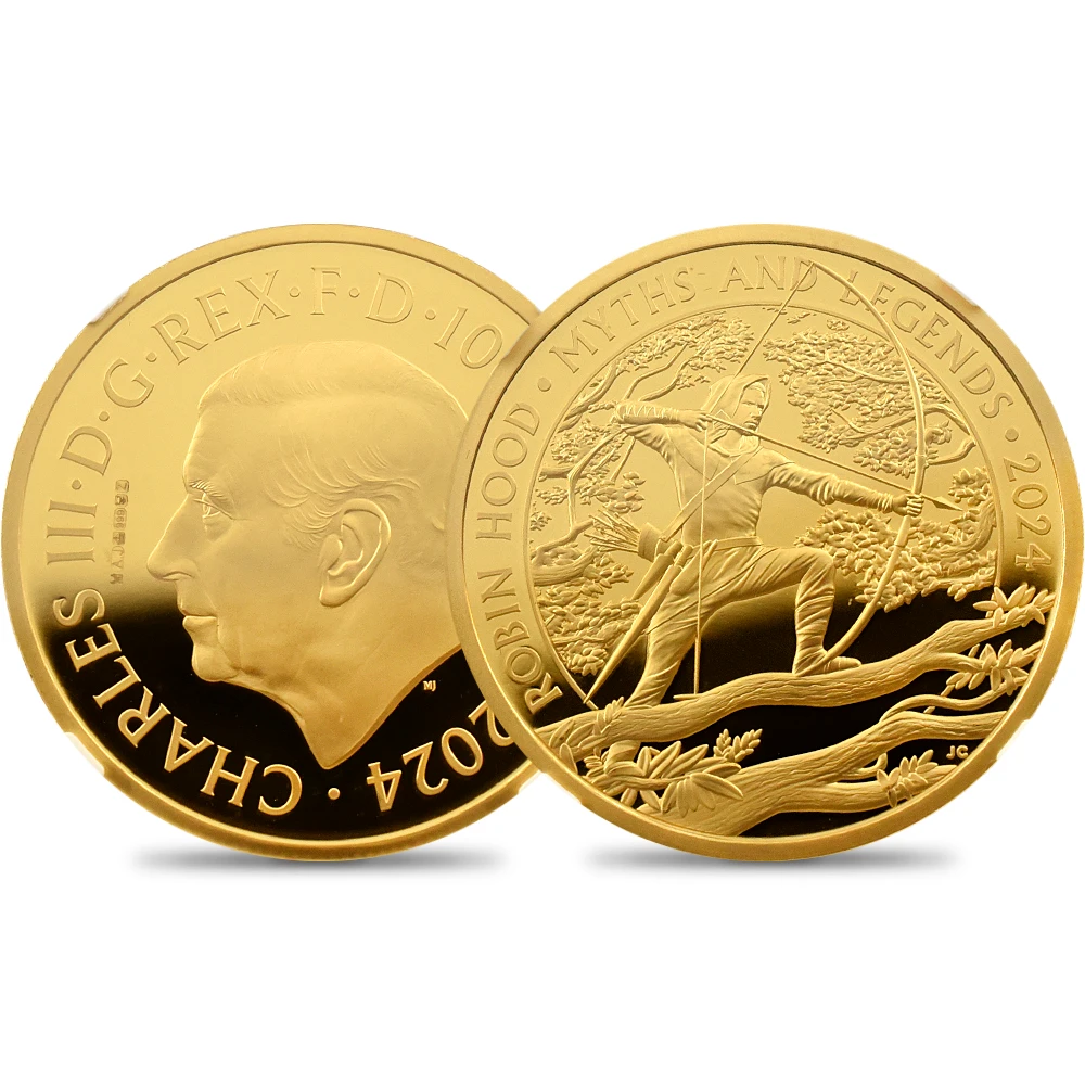 イギリス 2024 チャールズ3世 神話と伝説シリーズ第4弾 ロビン・フッド 100ポンド1オンス金貨 NGC PF70UC Trial Piece 箱付き