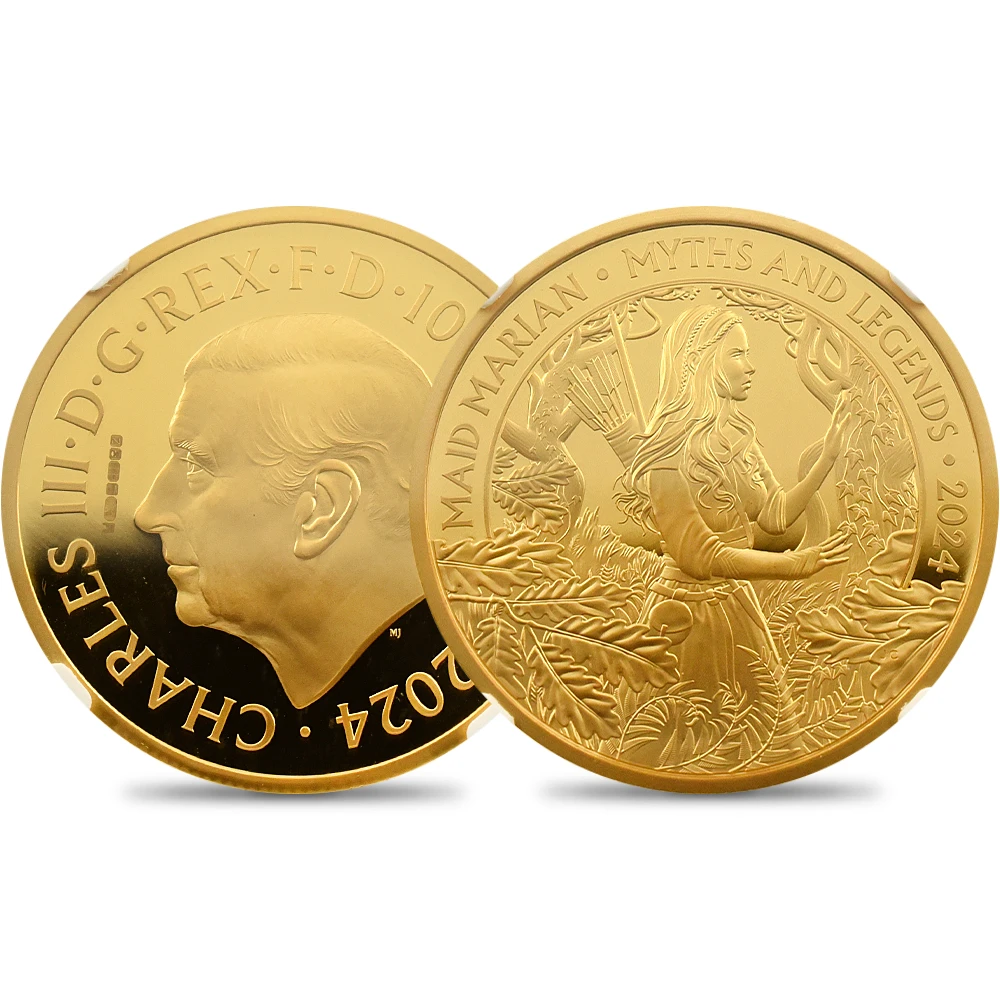 イギリス 2024 チャールズ3世 神話と伝説シリーズ第5弾 乙女マリアン 100ポンド1オンス金貨 NGC PF69UC Trial Piece 箱付き