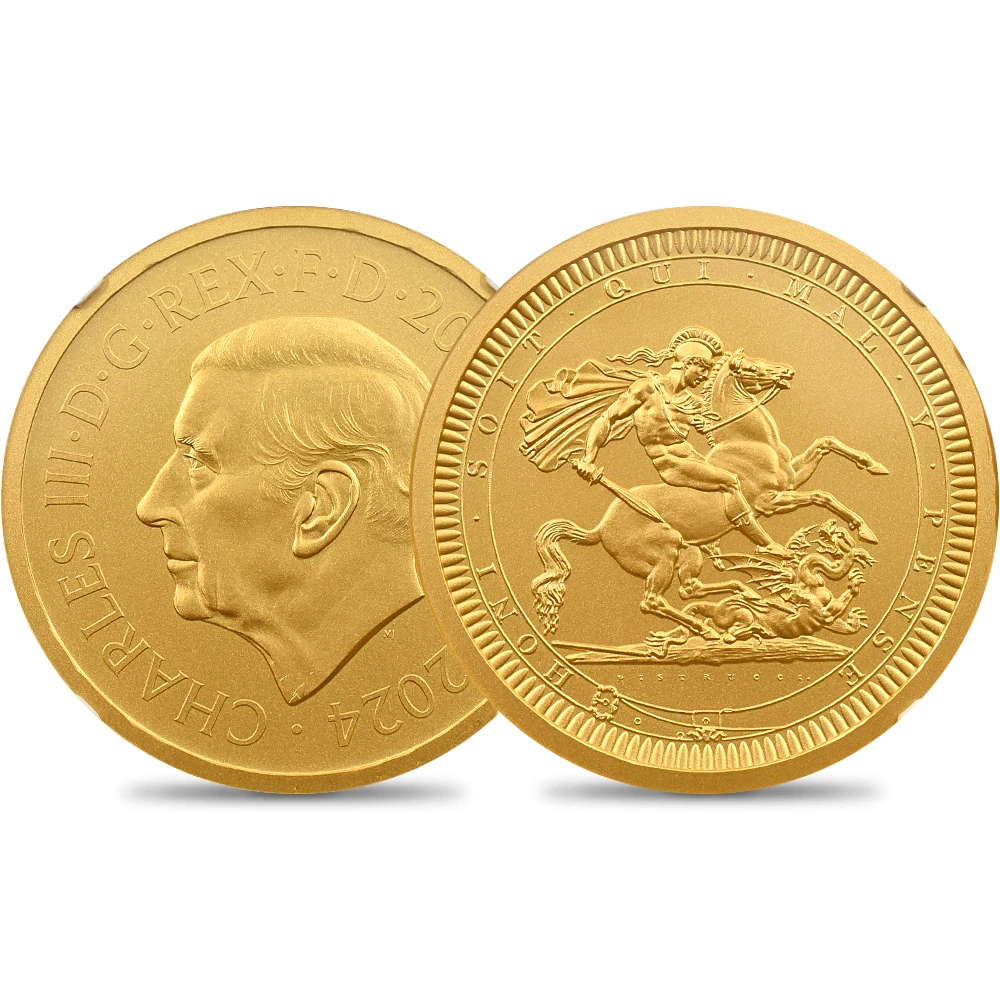 イギリス 2024 チャールズ3世 ピストルッチ作聖ジョージ竜退治 200ポンド 2オンス 金貨 マットプルーフ仕上げ NGC PF69MATTE