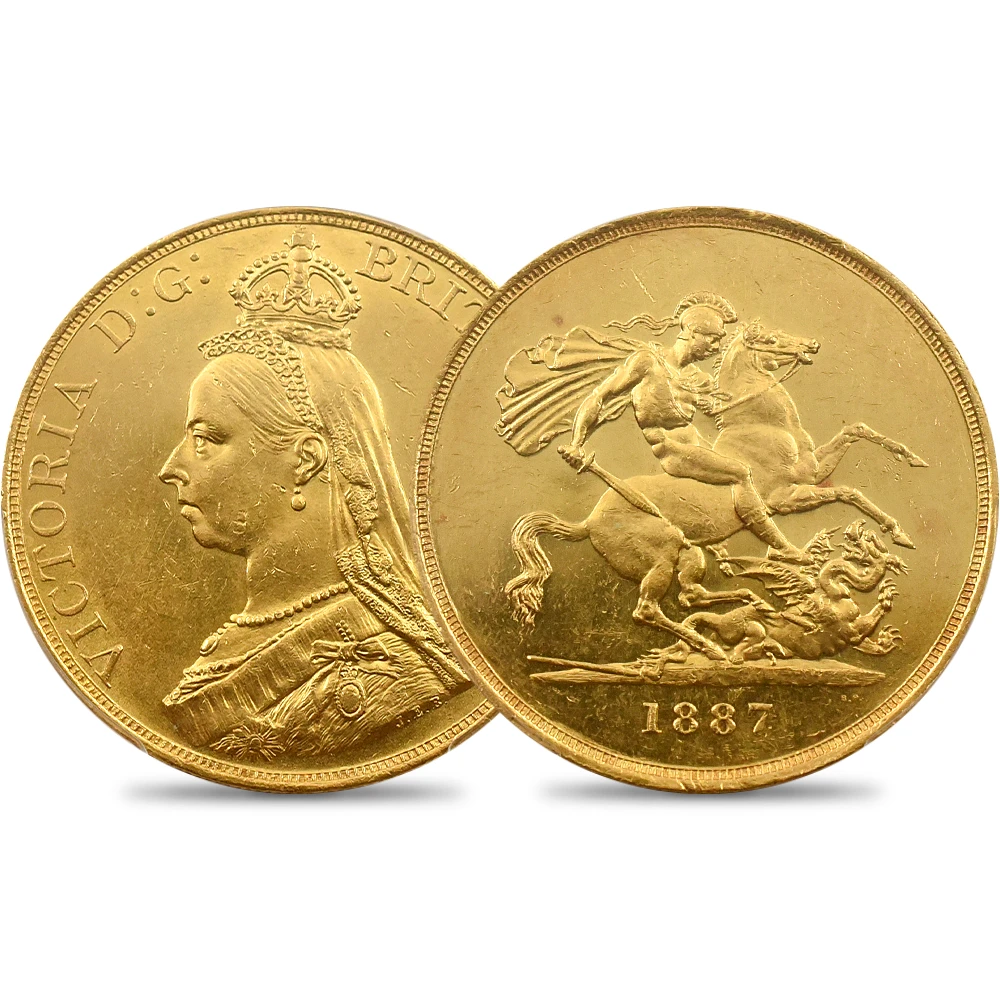 イギリス 1887 ヴィクトリア女王 ジュビリーヘッド 聖ジョージ竜退治 5ポンド金貨 PCGS MS61 S-3864