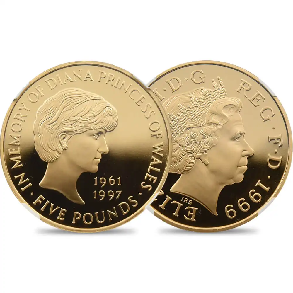 1999 エリザベス2世 ダイアナ妃追悼記念 5ポンド金貨 NGC PF69UC 箱付き