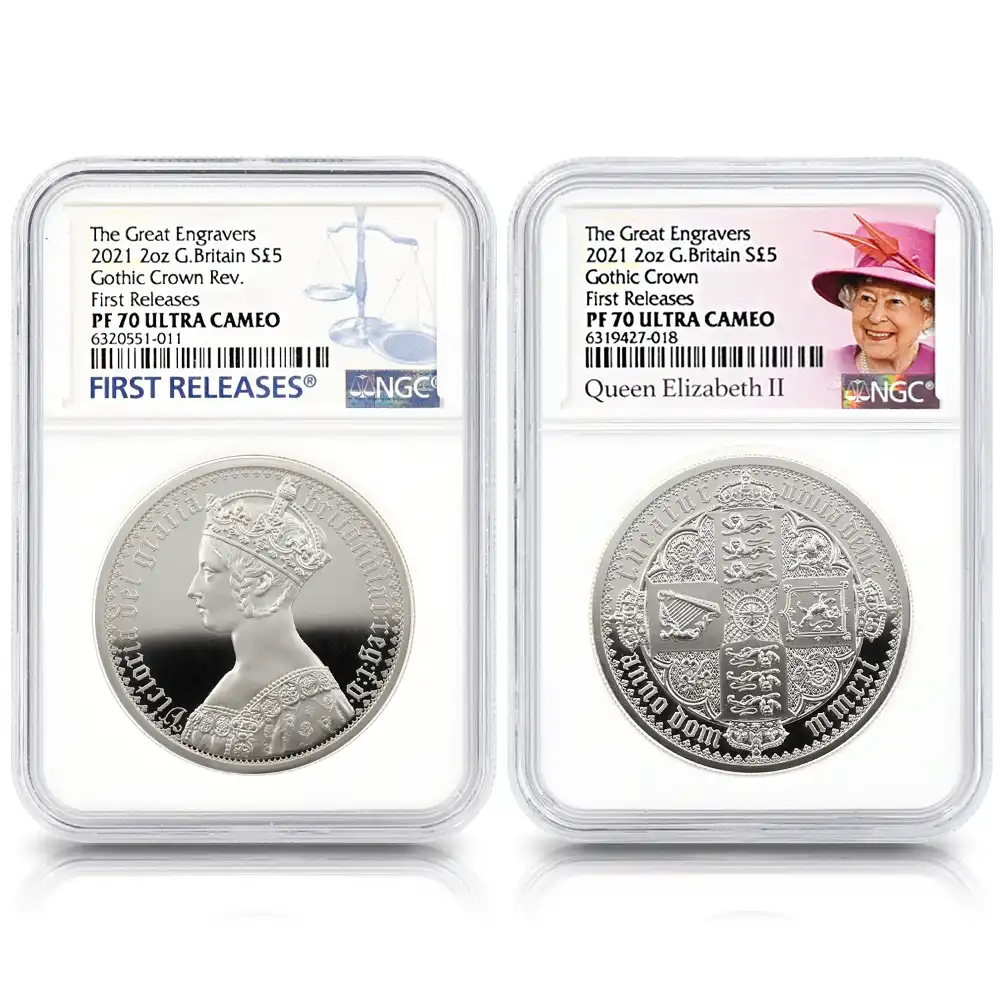 イギリス 2021 エリザベス2世 ゴチッククラウン 5ポンド2オンス銀貨 2枚セット ファーストリリース NGC PF70UC