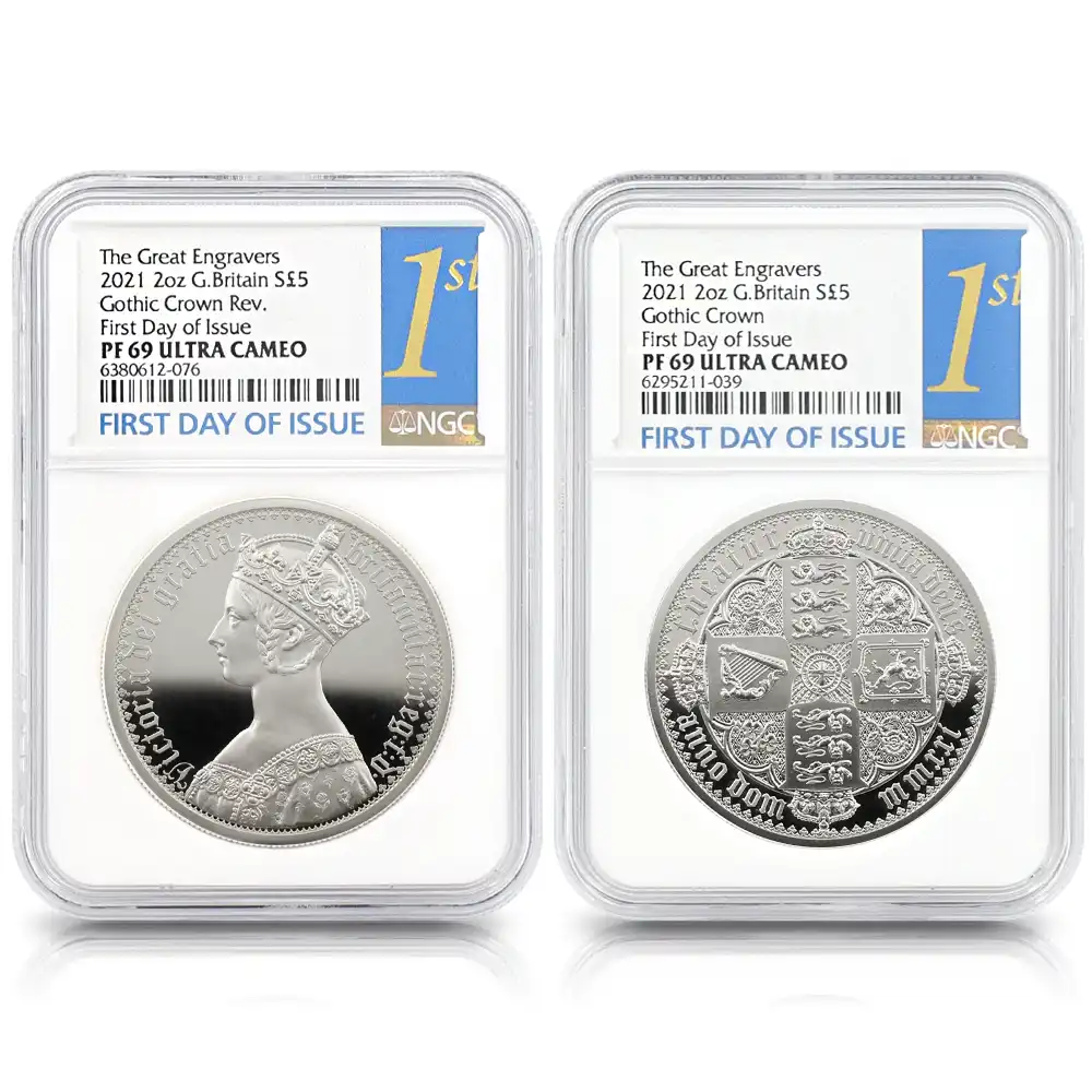 イギリス 2021 エリザベス2世 ゴチッククラウン 5ポンド2オンス銀貨 2枚セット 発行即日鑑定品 NGC PF69UC 箱付き