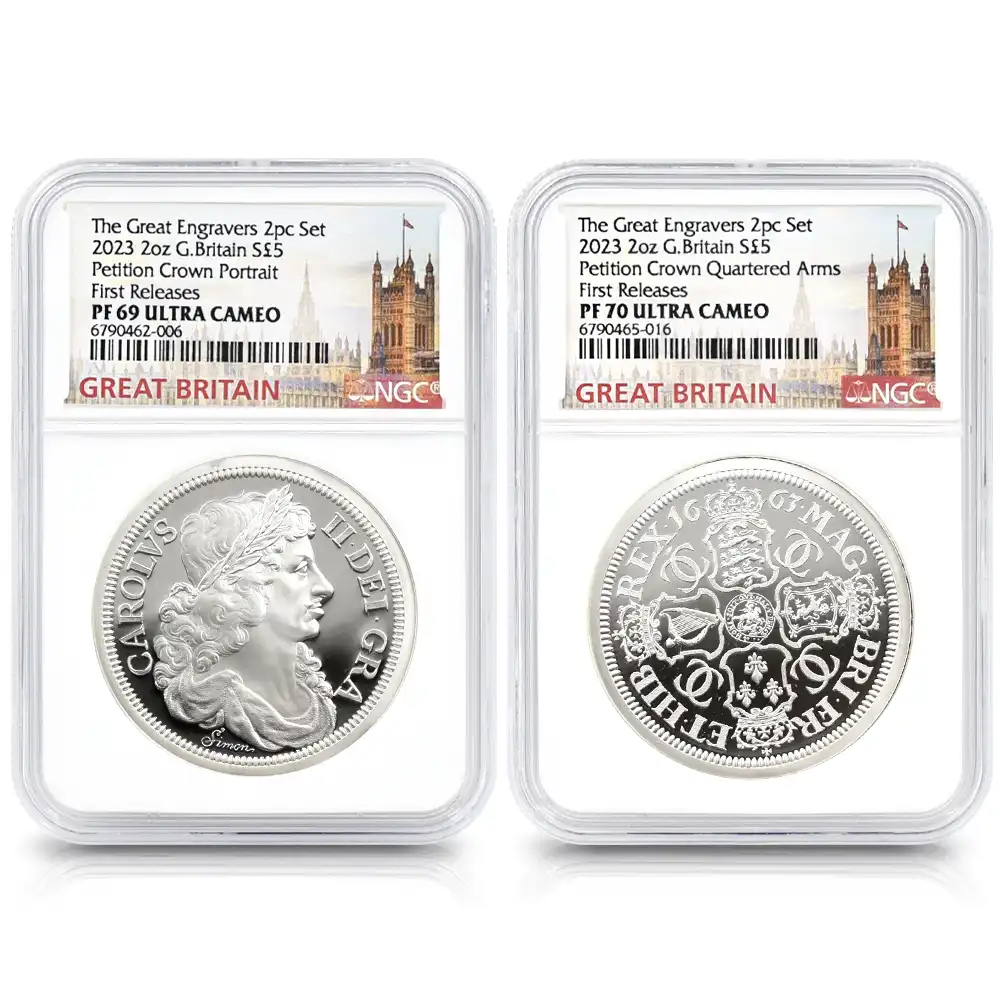 イギリス 2023 チャールズ3世 ペティションクラウン 5ポンド 2オンス 銀貨2枚セット ファーストリリース NGC PF69・70UC 箱付き
