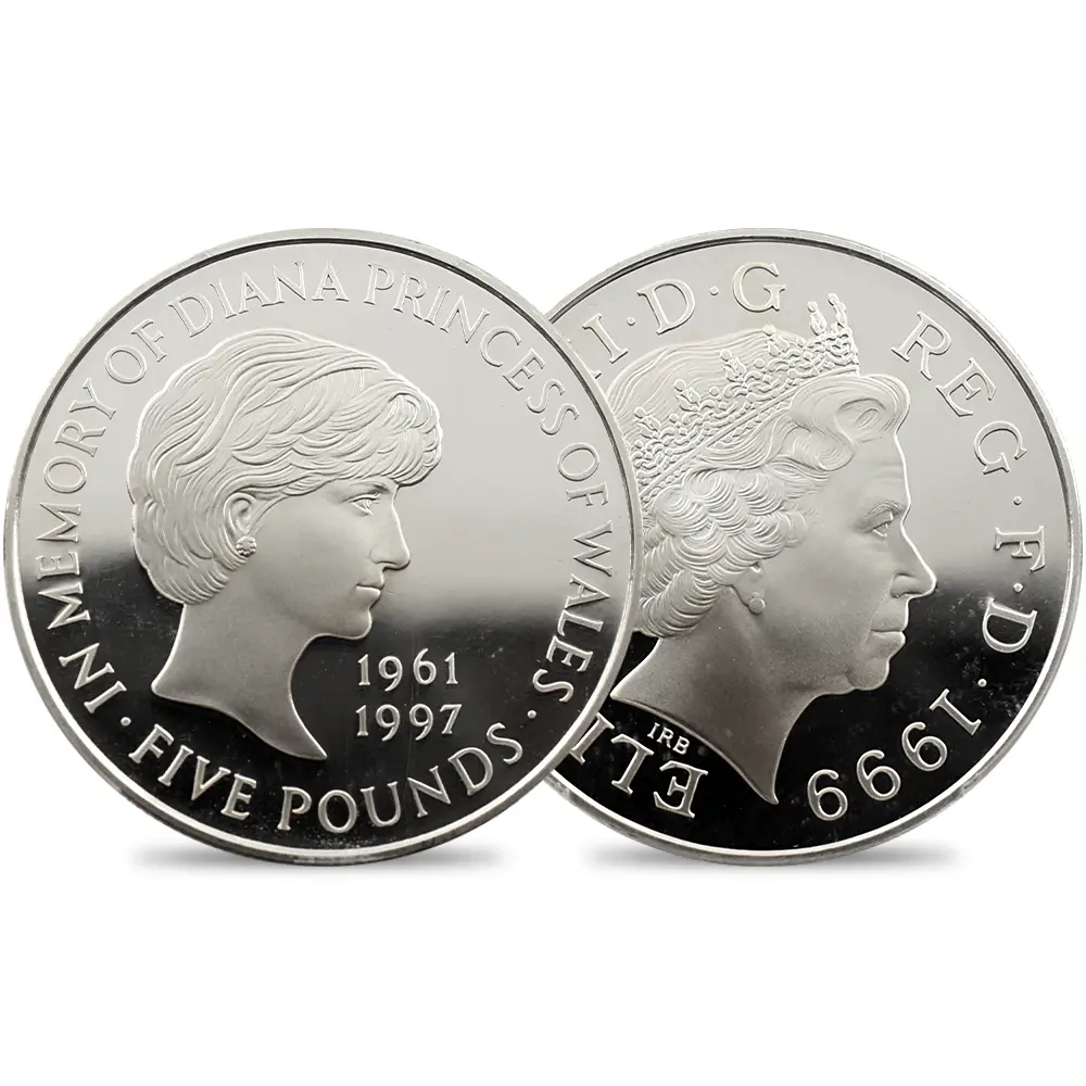イギリス 1999 エリザベス2世 ダイアナ妃追悼記念 5ポンド銀貨 PCGS PR69DC S-L6