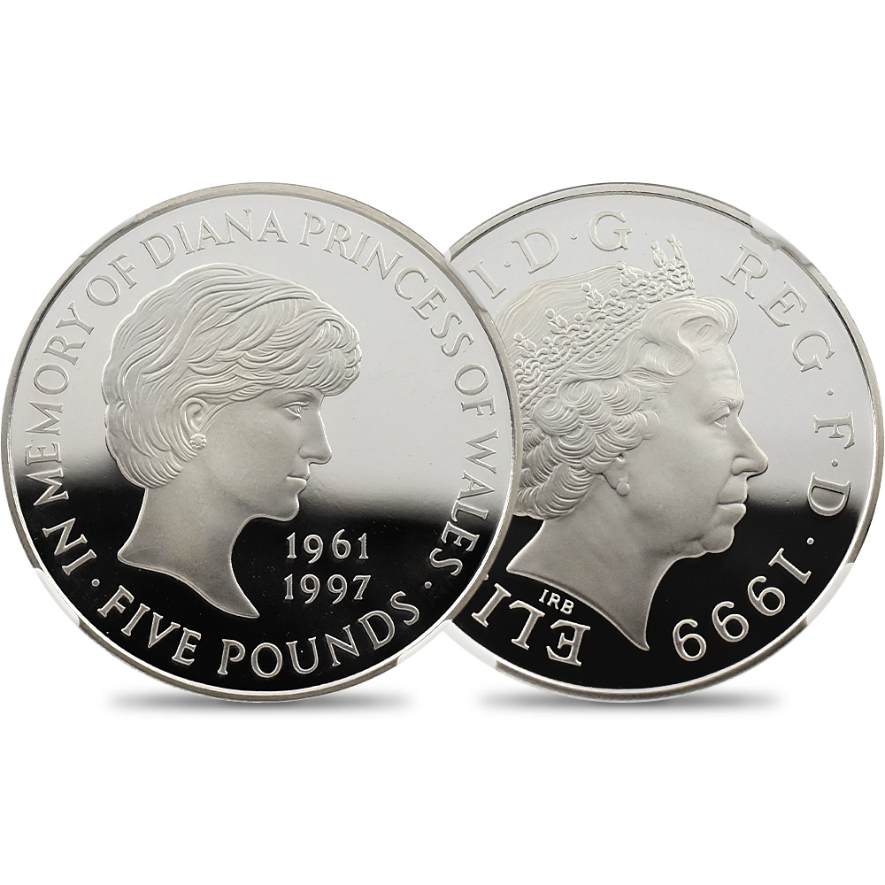 イギリス 1999 エリザベス2世 ダイアナ妃追悼記念 5ポンド銀貨 NGC PF69UC