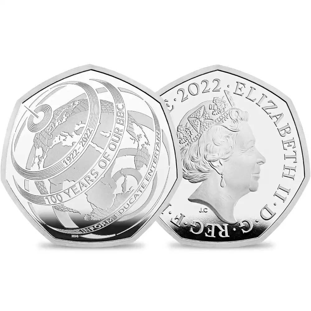 2022 エリザベス2世 BBC創立100周年記念 50ペンスプルーフ銀貨 未鑑定 箱付き【ご予約承り品】