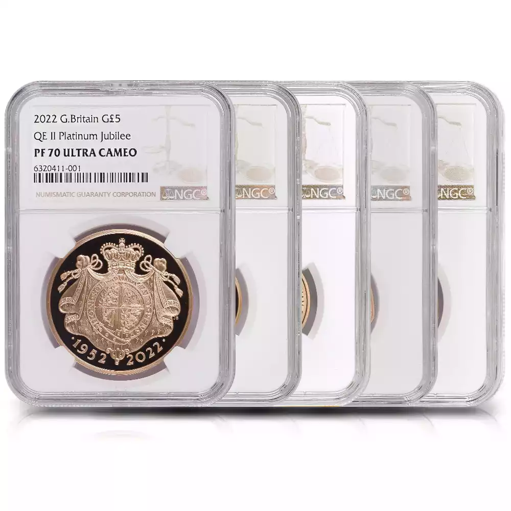 2022 エリザベス2世 プラチナジュビリー 記念コイン 50ペンス・2ポンド・5ポンド金貨5枚セット NGC PF70UC【ご予約承り品】