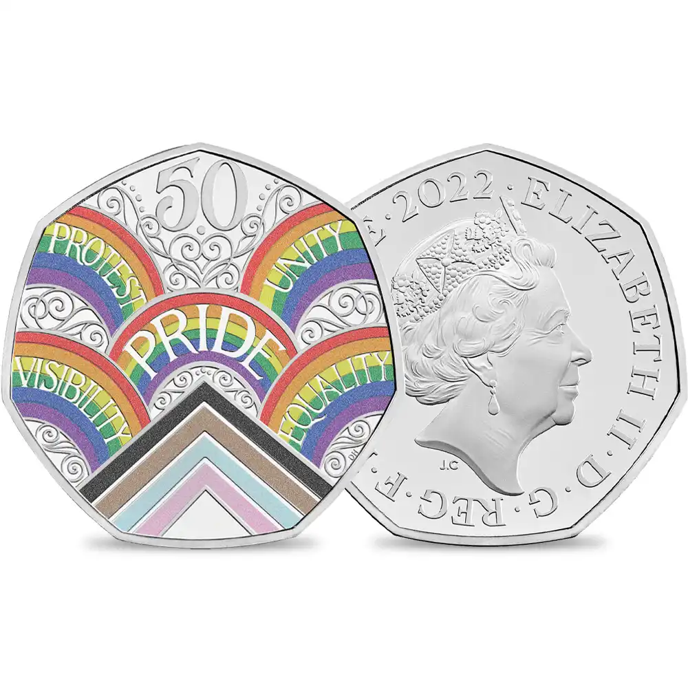 2022 エリザベス2世 ロンドン・プライドパレード50周年記念 50ペンスピエフォープルーフカラー銀貨 未鑑定 箱付き【ご予約承り品】