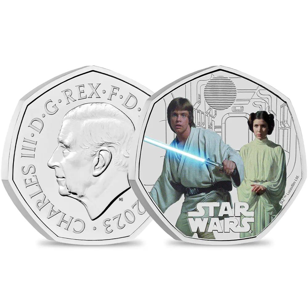 2023 チャールズ3世 スター・ウォーズコレクション第3弾 ルーク・スカイウォーカー＆レイア姫 50ペンスBUカラー白銅貨 未鑑定 パッケージ付き【ご予約承り品】