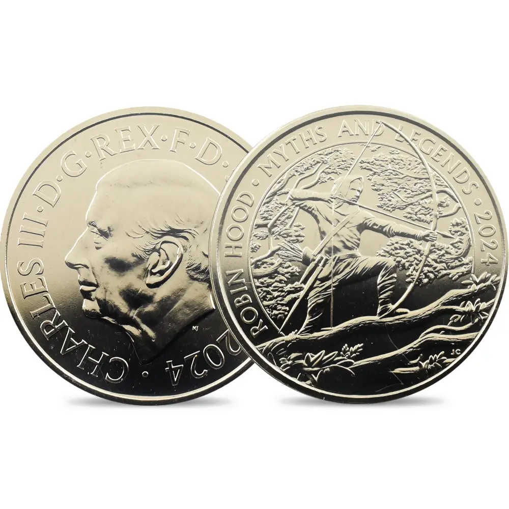2024 チャールズ3世 神話と伝説シリーズ第4弾 ロビン・フッド 5ポンドBU白銅貨 未鑑定 パッケージ付き