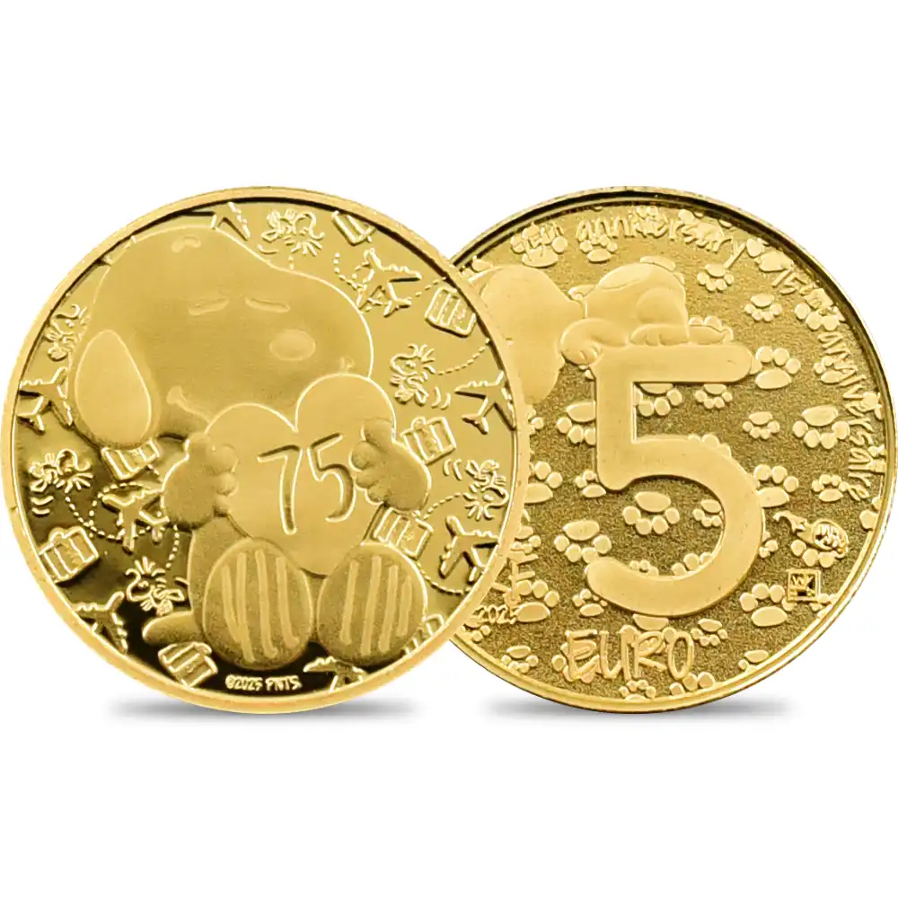 フランス 2025 『ピーナッツ』 75周年記念 スヌーピー 5ユーロ0.5グラム プルーフ金貨 未鑑定 箱付き